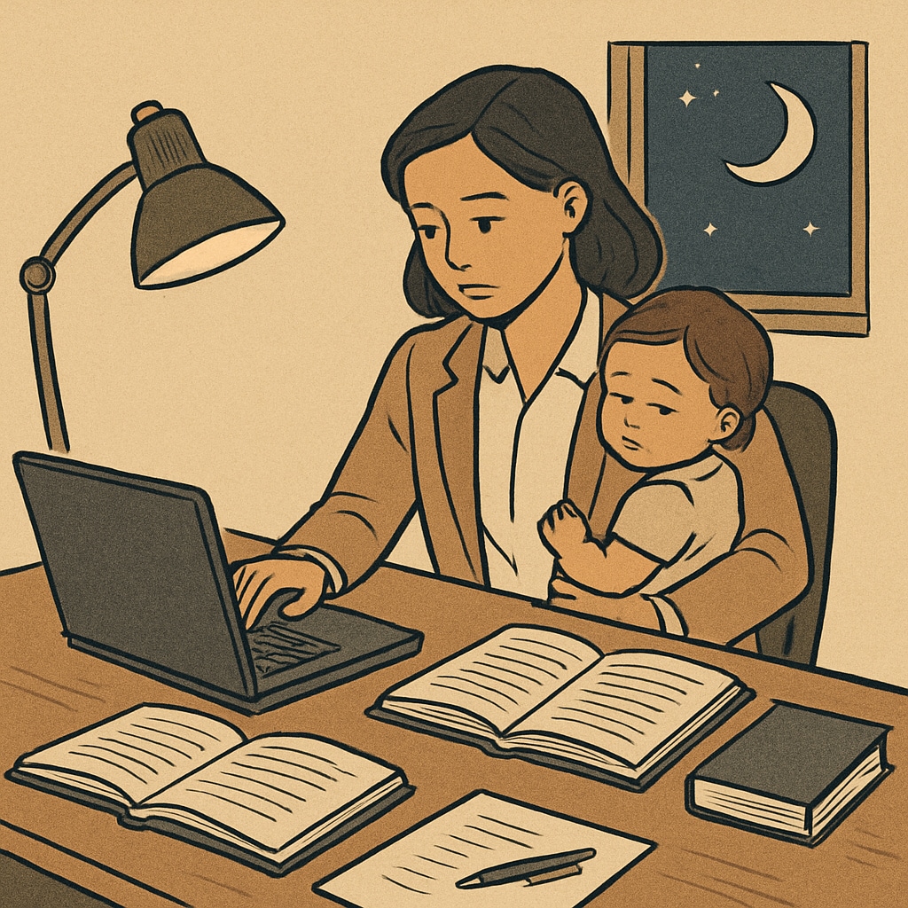 A professional studying at night with a laptop and books, managing work and family responsibilities. A professional managing degrees, career growth, and time management while studying at night.