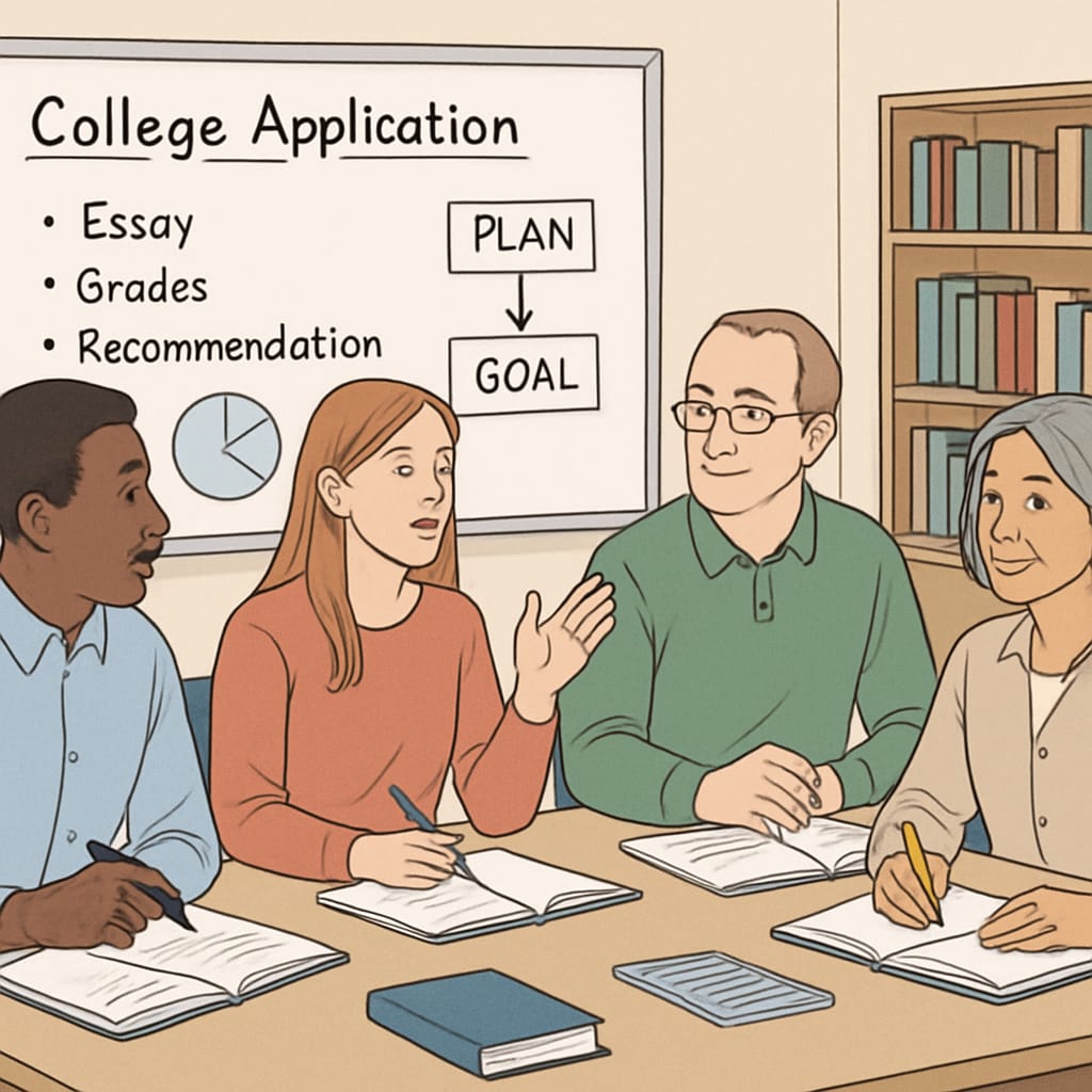 A group of adult learners in a classroom, discussing college application strategies. Adult students collaborating in a classroom setting to plan their college applications.