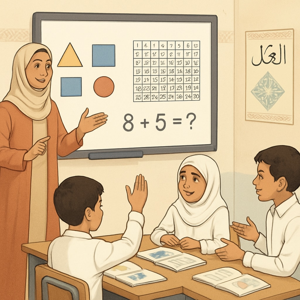 A teacher guiding Arabic-speaking students using visual math tools in a classroom setting. The image showcases collaborative learning and cultural relevance in mathematics education. Teacher explaining math concepts with visual tools in Arabic-language classroom