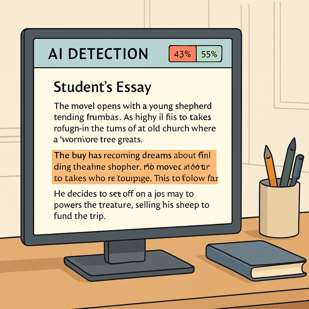 A visual representation of AI detection software analyzing a student’s essay for originality. AI detection software interface analyzing student work for originality, related to academic integrity.