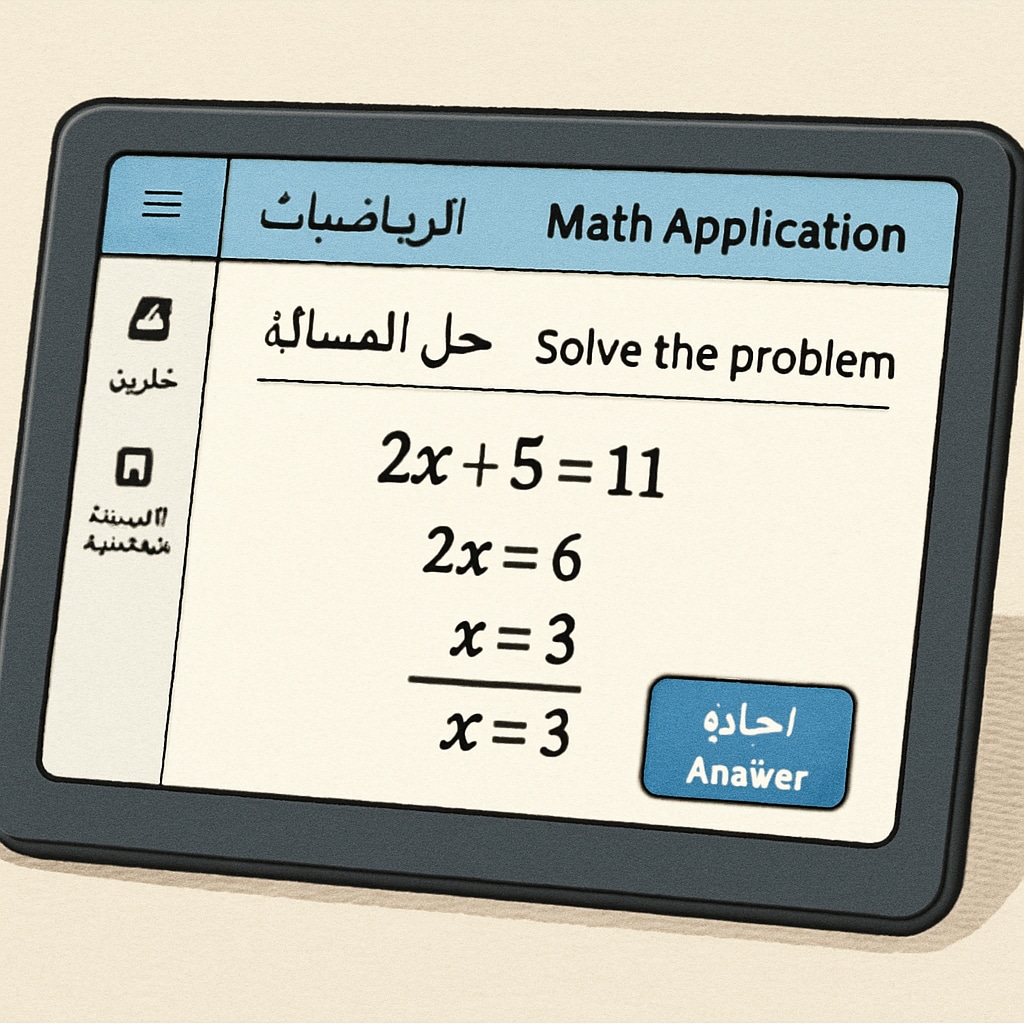 A digital math application with bilingual Arabic-English interface displayed on a tablet. The image illustrates the use of technology for optimized math teaching in Arabic-speaking settings. Bilingual math application for Arabic students on a tablet