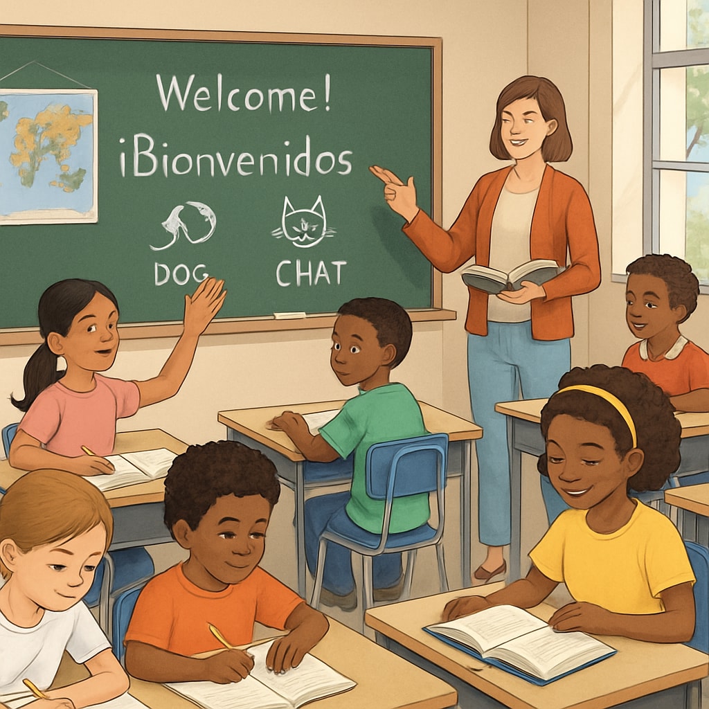 A classroom with K12 students learning in a multicultural environment, symbolizing language adaptation. Multicultural classroom with K12 students adapting to a new language.
