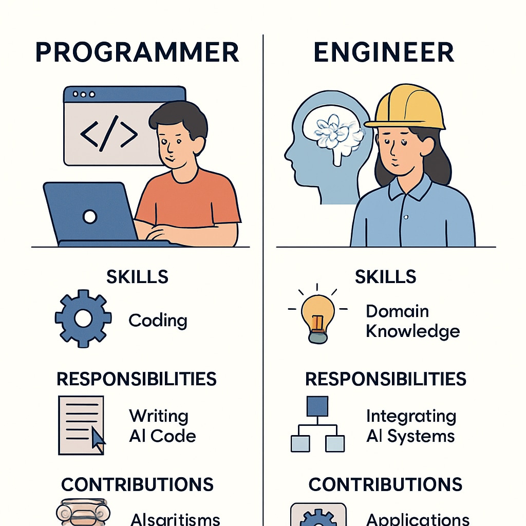 A diagram comparing the roles of programmers and engineers, highlighting their skills and responsibilities in the AI era. Comparison of programmer and engineer roles in the AI-driven workforce.