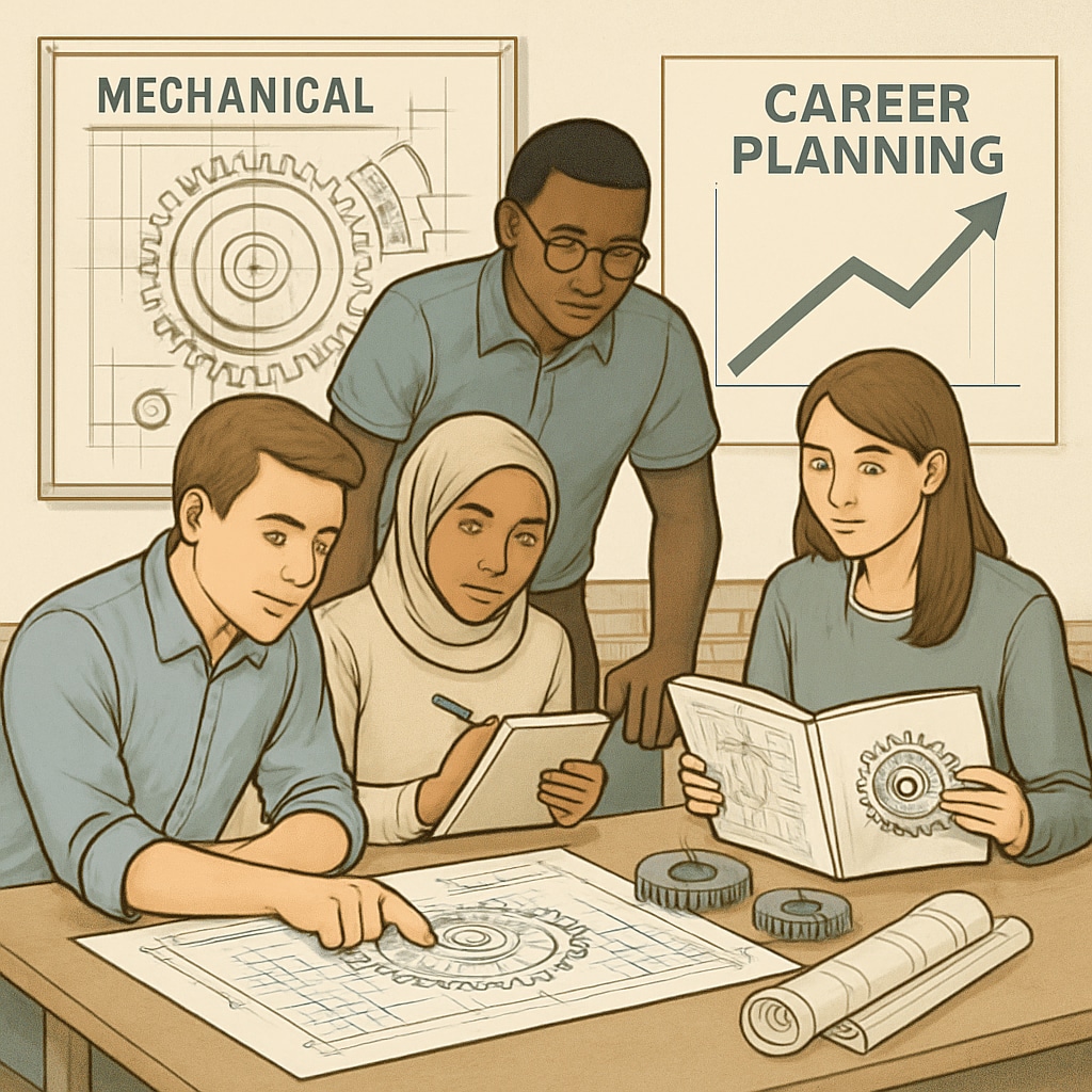 Engineering students collaborating on dual degree projects at a university, representing the intersection of mechanical engineering and career planning. Engineering students working together on dual degree projects.