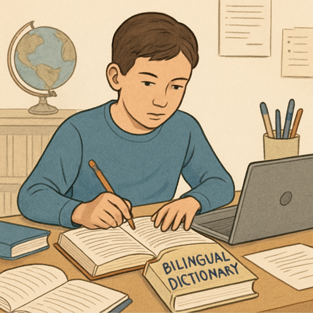 A student studying with a bilingual dictionary and laptop, representing academic adaptation in a new language. Student using bilingual tools for academic success in a foreign language.