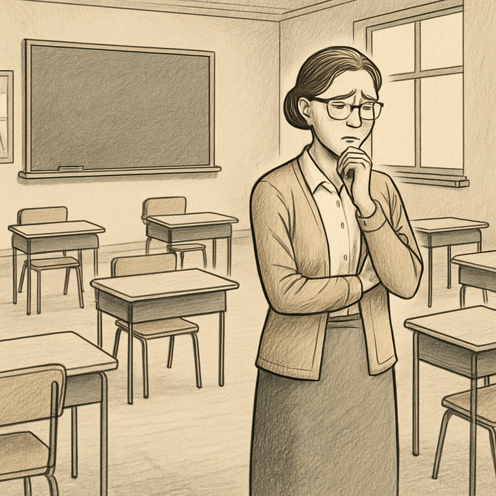 A concerned teacher in a nearly empty public school classroom, symbolizing the impact of funding cuts. A teacher in a nearly empty classroom, representing the consequences of education funding diversion.