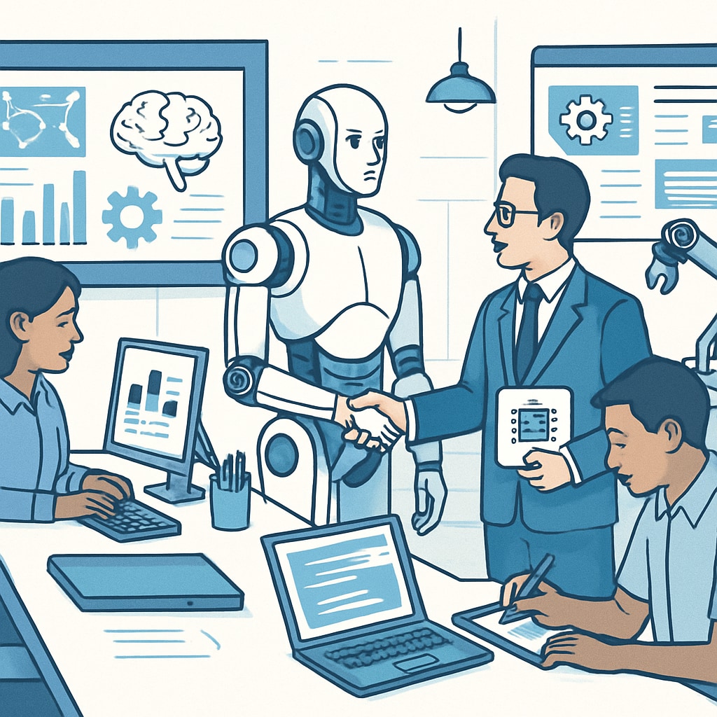 A futuristic workplace showing collaboration between humans and AI systems, symbolizing the evolving nature of careers. AI and humans working together on innovative projects in a modern workplace.
