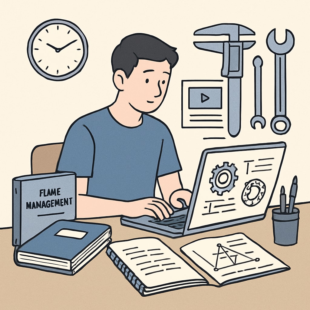 A student working on a laptop, balancing online coursework and mechanical engineering tasks, showcasing time management strategies. Student balancing online coursework and engineering tasks.