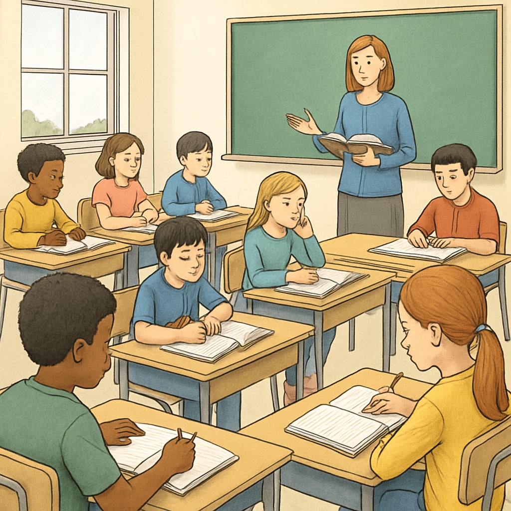 A classroom environment showing students focused on learning without mobile phones, highlighting the effect of a distraction-free setting. Students in a classroom focusing on learning without mobile phones.