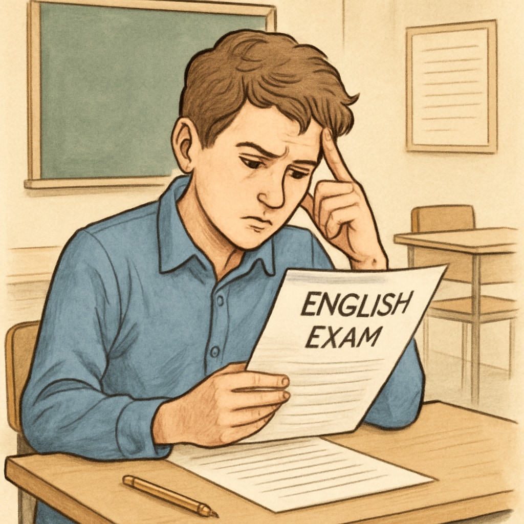 A student sitting at a desk, focused on reading an exam paper, representing the challenge of identifying text purpose in English exams. Student reading exam paper to identify text purpose in Functional Skills English exams.