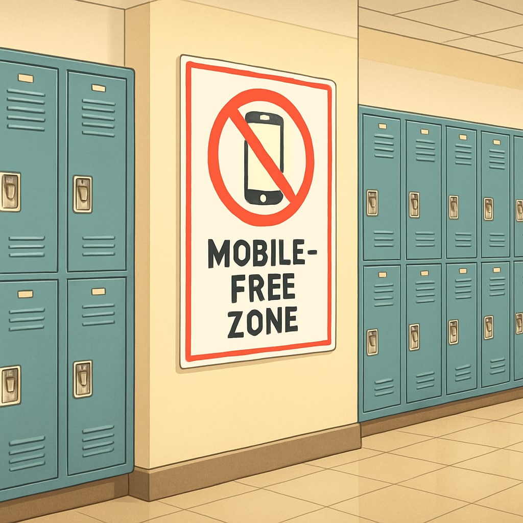 A student locker area with a sign indicating a mobile-free zone, promoting social interaction among peers. Student locker area with a mobile-free zone sign.