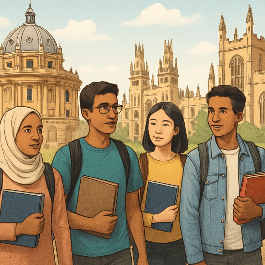 A diverse group of students walking on the historic campus of Oxford University, symbolizing the challenges and aspirations of immigrant students. Immigrant students at Oxford University facing economic and identity barriers.