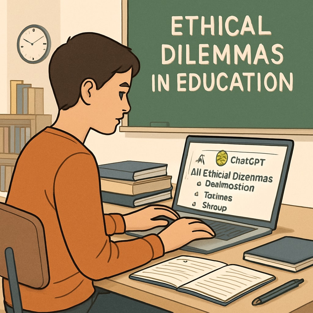 A student working on a laptop with AI tools like ChatGPT visible on the screen; representing ethical dilemmas in education. Student using ChatGPT for homework, raising ethical concerns in education.