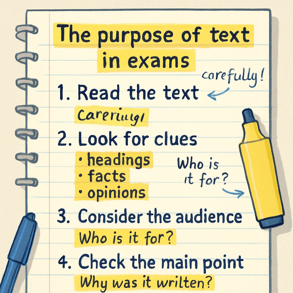A study guide with highlighted sections and notes, symbolizing strategies for identifying text purpose effectively in exams. Study guide with notes for identifying text purpose in Functional Skills English exams.