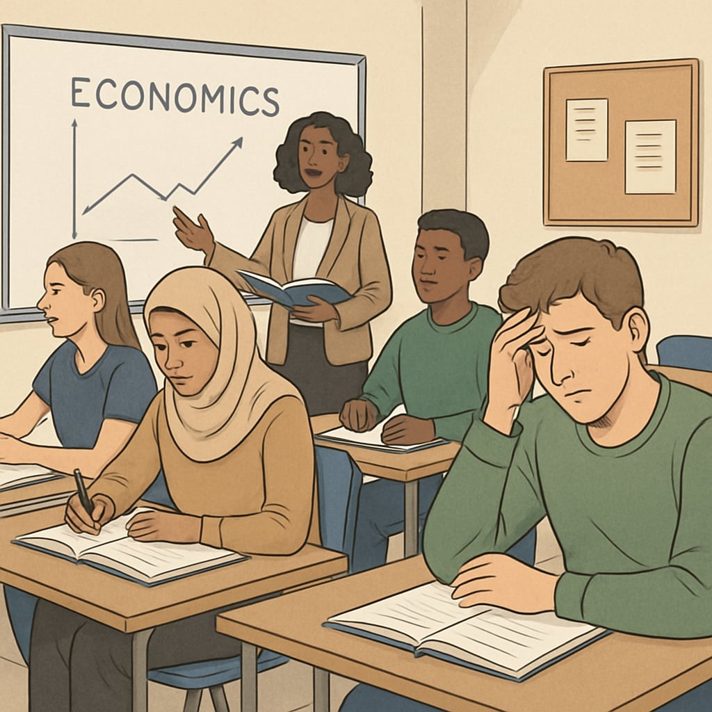A classroom setting at a UK university, showing a diverse group of students, with one looking visibly stressed, representing the dual challenges of economic and identity barriers. A stressed immigrant student in a UK university classroom.