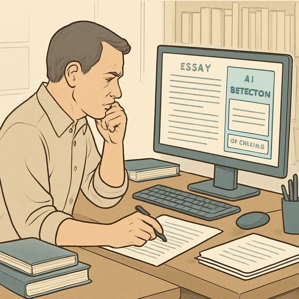 An educator reviewing student essays with AI detection software on a computer screen; showcasing the effort required to maintain academic integrity. Educator using AI detection software to ensure academic integrity.