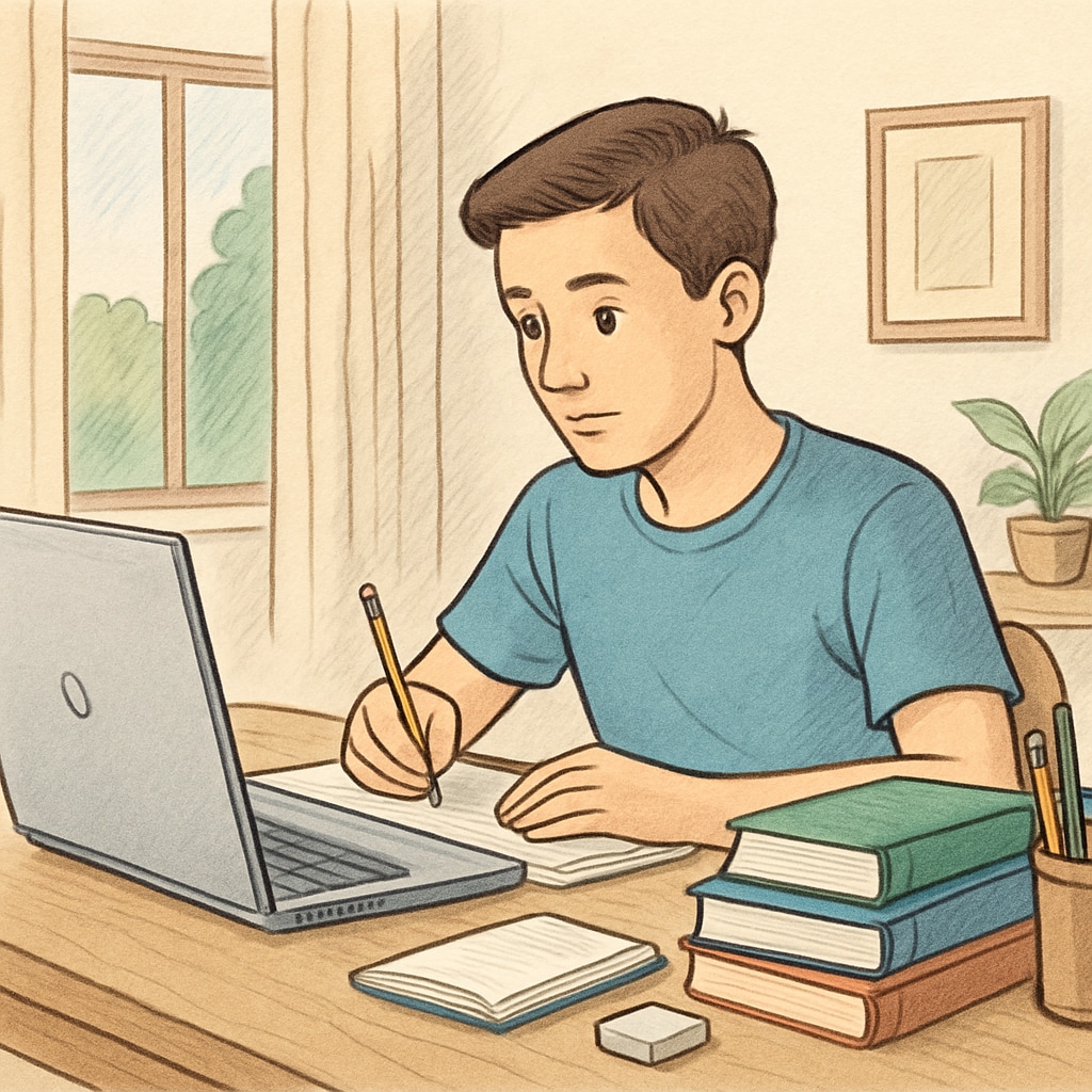 A student studying on a laptop at home, symbolizing the flexibility of online learning. Student studying for an affordable online bachelor's degree in business and finance.