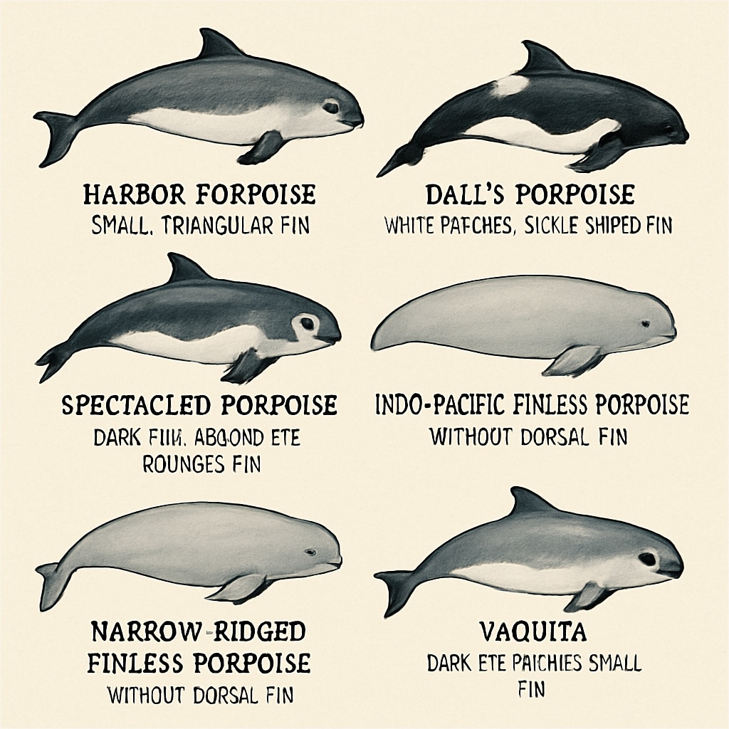 A detailed illustration of different porpoise species with labels highlighting their unique characteristics. Illustration of various porpoise species for marine biology education.