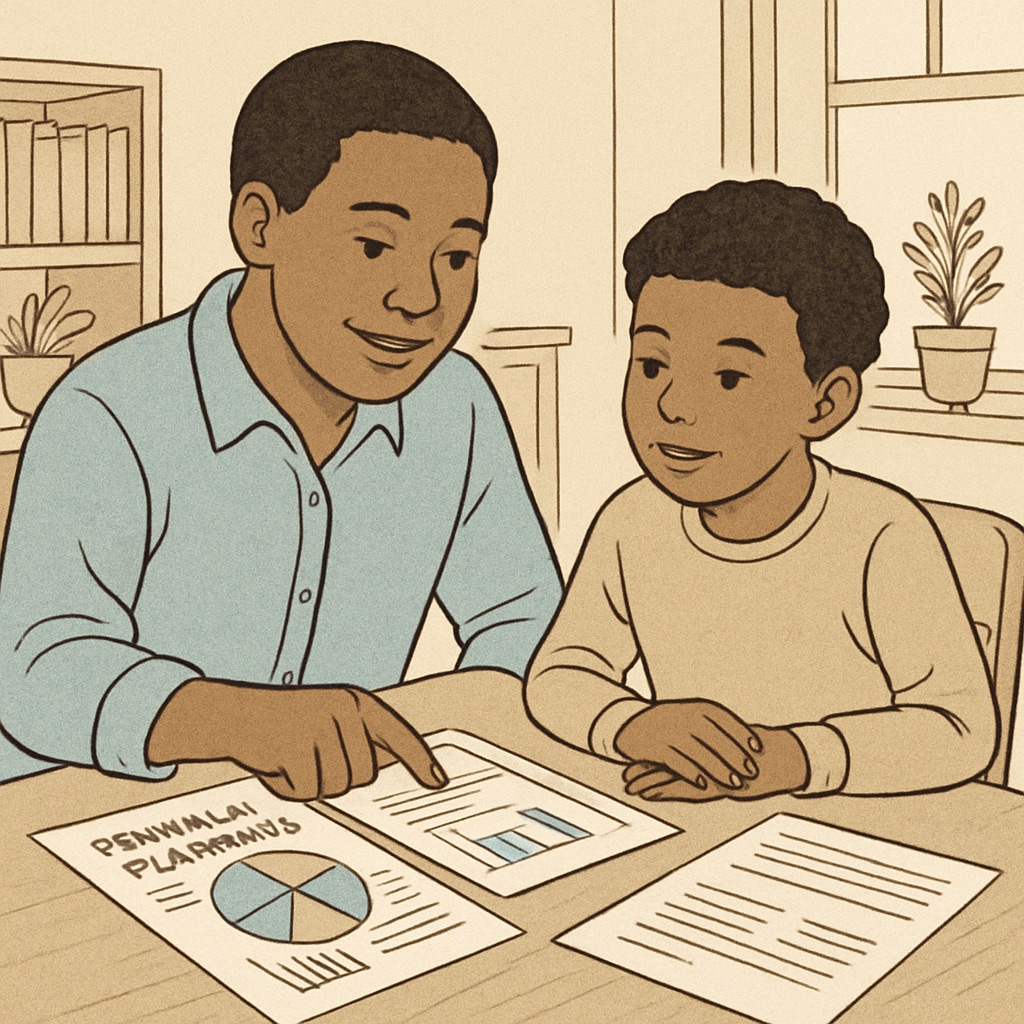A parent and child reviewing financial planning resources together, emphasizing early preparation. Parent and child planning for an affordable online bachelor's degree in business and finance.