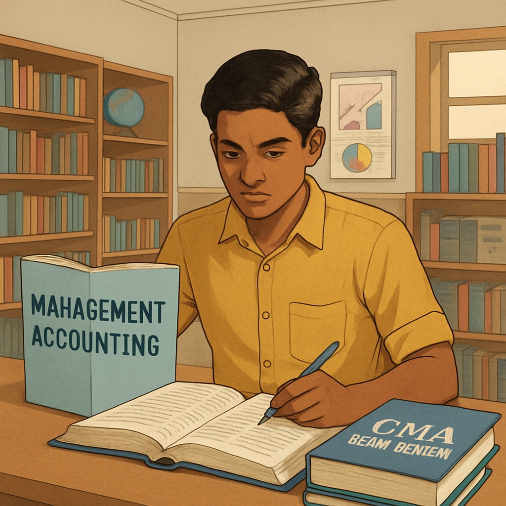 A student in Kerala studying management accounting with CMA exam materials in a library setting. Kerala student preparing for CMA USA exams in a library.