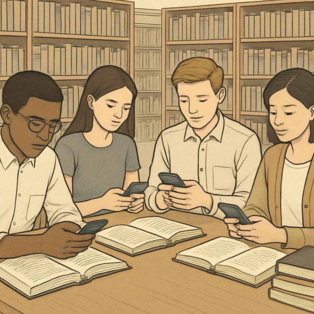 Students using phones responsibly in a library setting for collaborative research. Students in a library setting using their phones for educational purposes.