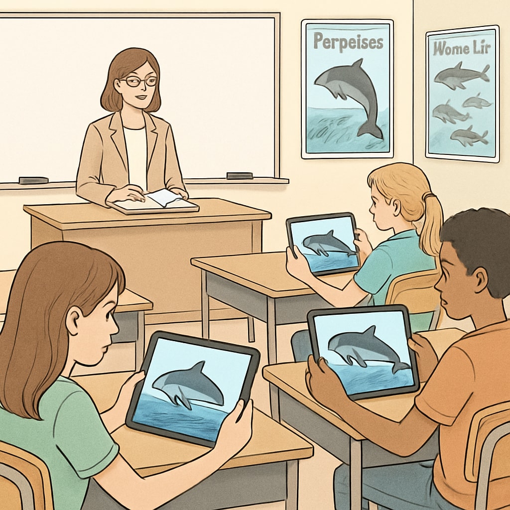 A classroom setup with students using tablets to explore 3D models of porpoises through an augmented reality application. Students using AR to study porpoises for marine biology lessons.