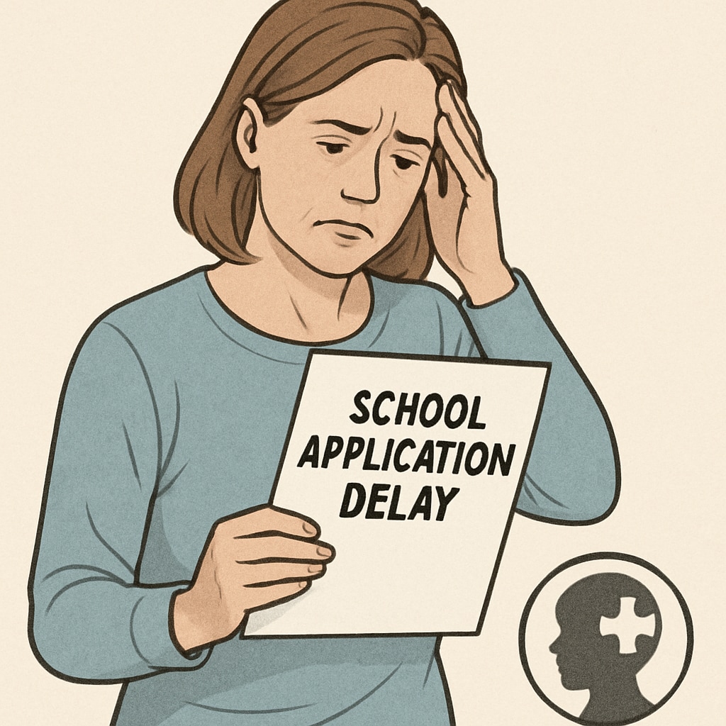 A frustrated parent holding papers displaying the words School application delays affecting special needs students in the UK.