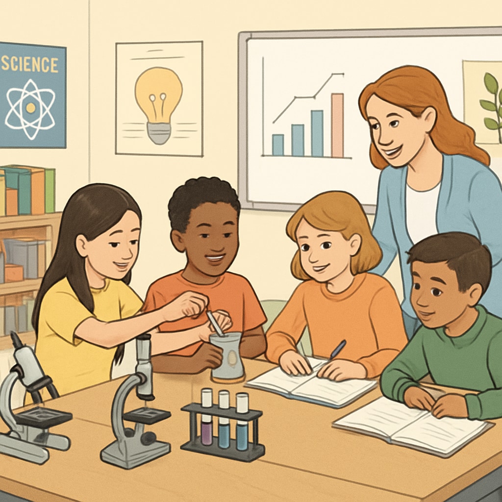 Middle school students collaborating on a science experiment with OpenSciEd curriculum.
