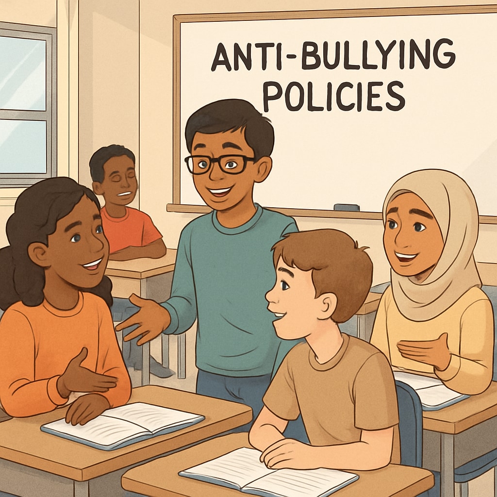 A classroom setting showing students engaged in a discussion about anti-bullying policies, emphasizing collaboration and mutual respect. Students discussing anti-bullying policies in a classroom.