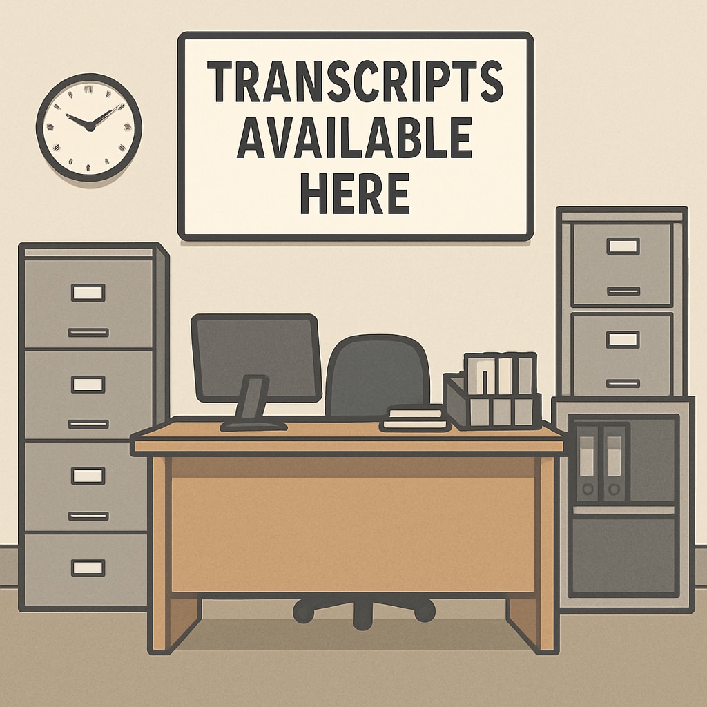 School office sign about transcript availability and unpaid balances