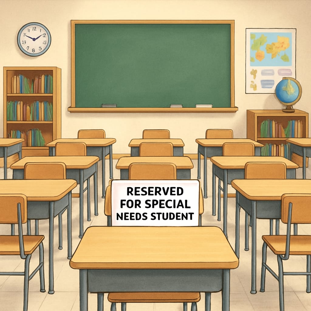 An empty classroom with a desk labeled Unavailable school placements for special needs students in the UK.