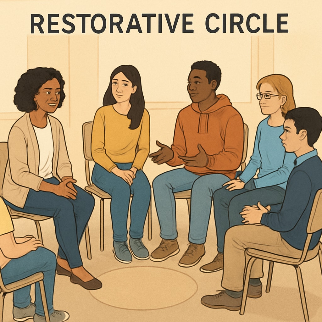 An image of a restorative circle session in progress, with students and a facilitator sitting in a supportive and inclusive environment. Restorative circle session addressing bullying in schools.