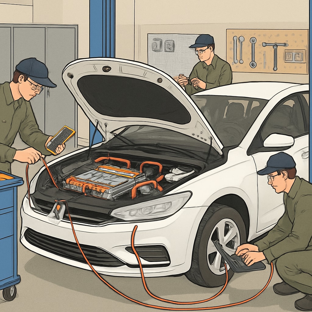 A modern electric vehicle workshop displaying technicians working on EV systems, showcasing the importance of electrical knowledge in the automotive industry. Electric vehicle workshop with technicians working on EV systems, emphasizing electrical apprenticeship.