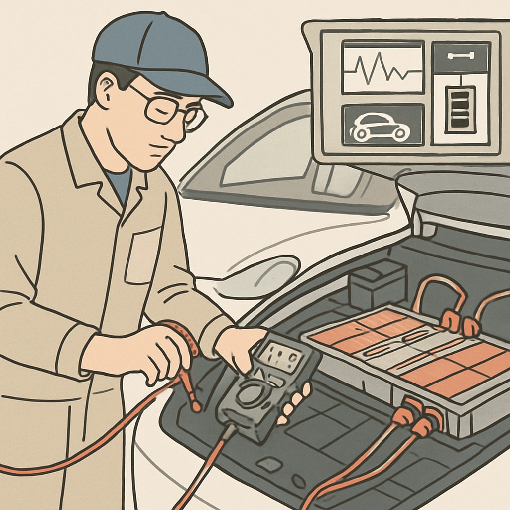 An automotive technician inspecting an electric vehicle battery using diagnostic tools, highlighting the fusion of electrical and automotive skills. Automotive technician inspecting EV battery with diagnostic tools, illustrating career advancements.