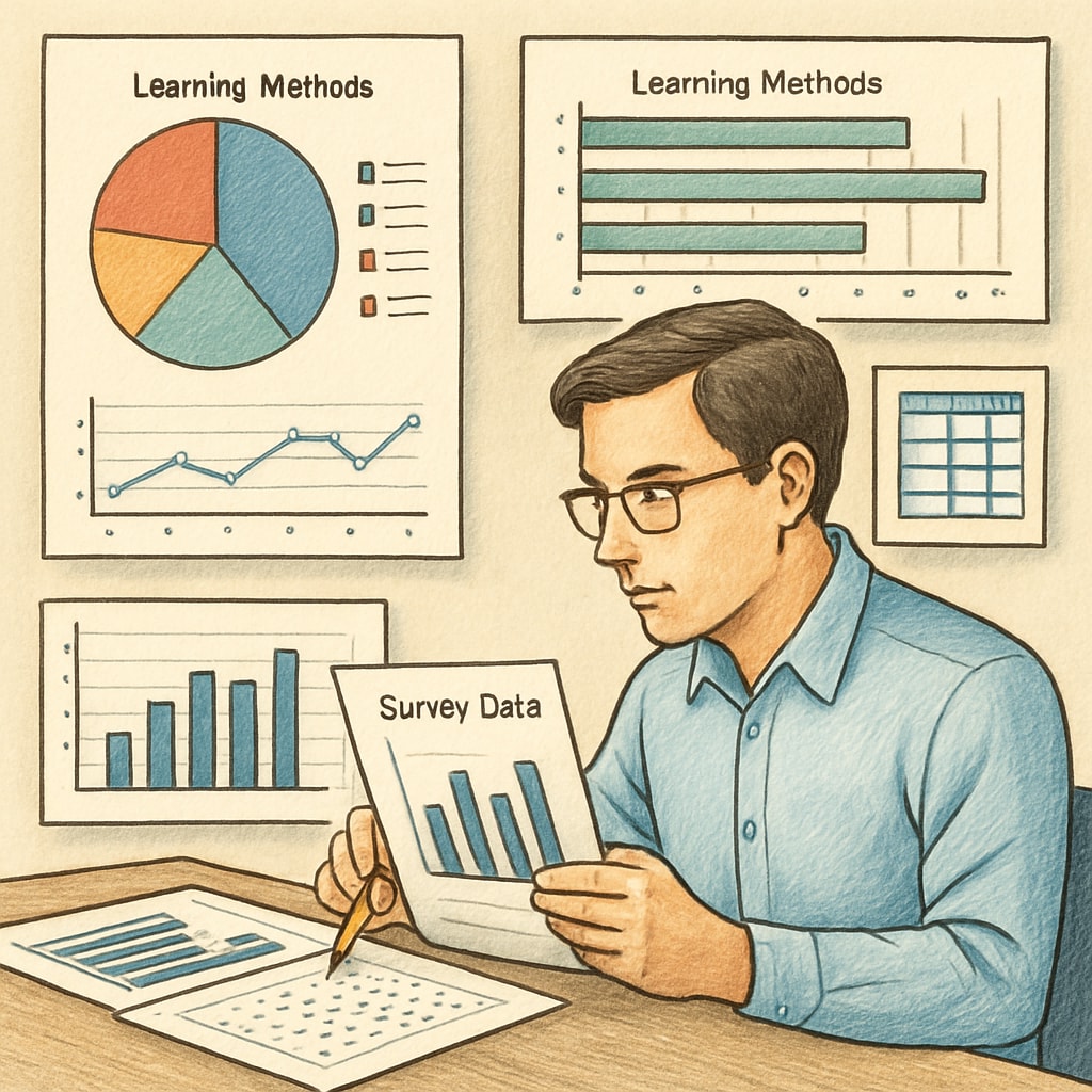 A researcher analyzing survey data on learning methods using graphs and charts, highlighting the research process. Researcher reviewing survey data on learning methods.