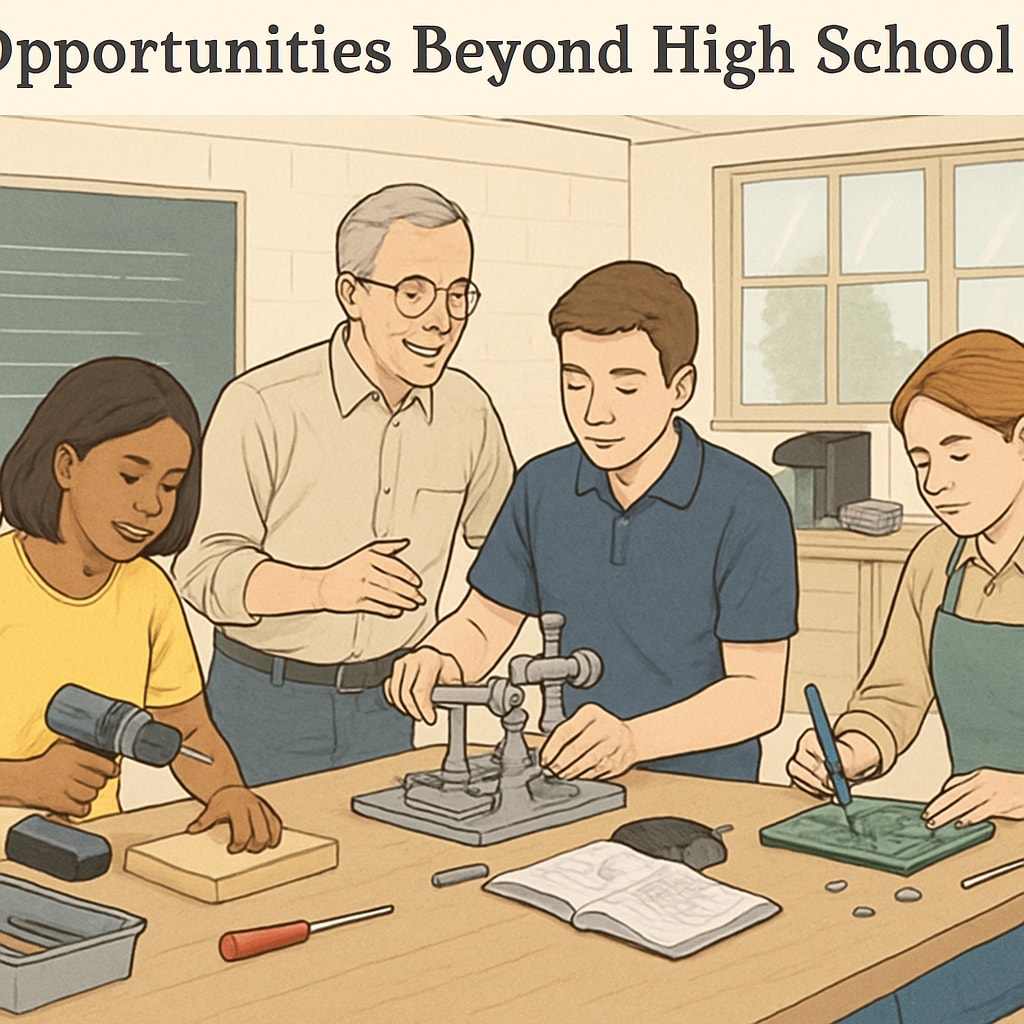 Students participating in a community college workshop or vocational class, symbolizing opportunities beyond high school graduation. Vocational class opportunities for students with modified diplomas.