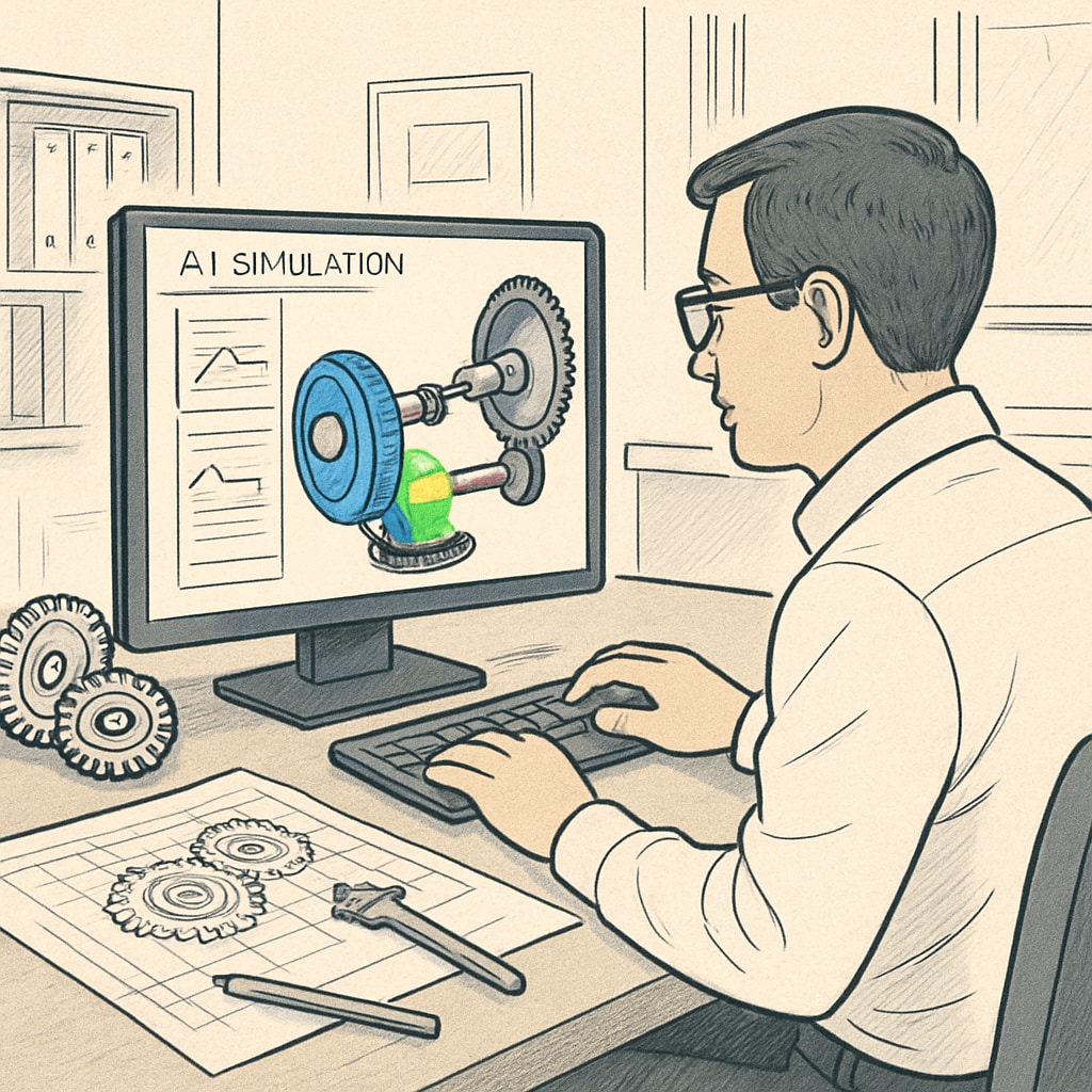 An engineer using AI simulation software to design a mechanical system in a professional setting. An engineer working with AI software, illustrating engineering and AI integration.