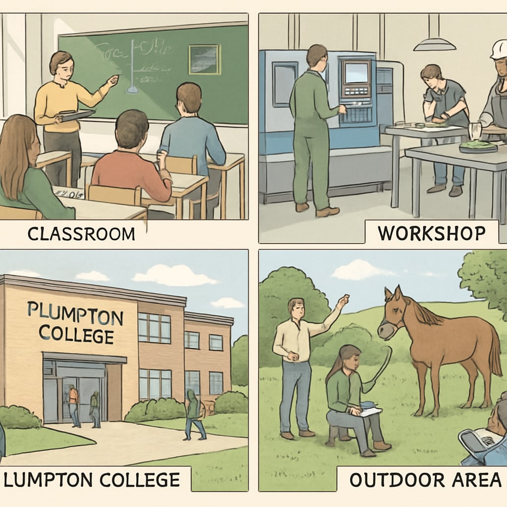 A classroom or campus of Plumpton College, showcasing its facilities and vibrant learning environment. Plumpton College campus with students learning in a classroom setting, related to GCSE and vocational education.