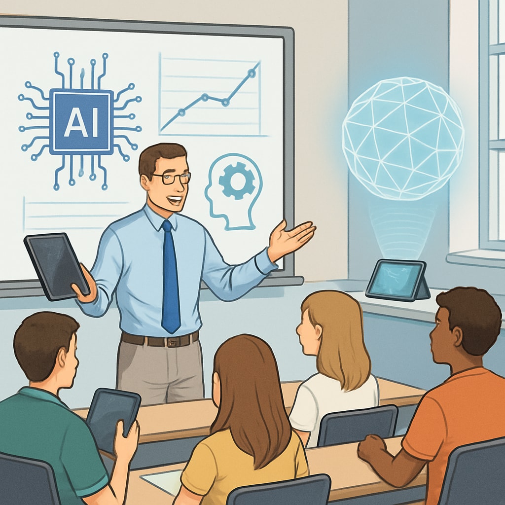 A teacher explaining a concept to students in a modern classroom equipped with AI tools Teacher in a classroom using AI tools to assist students
