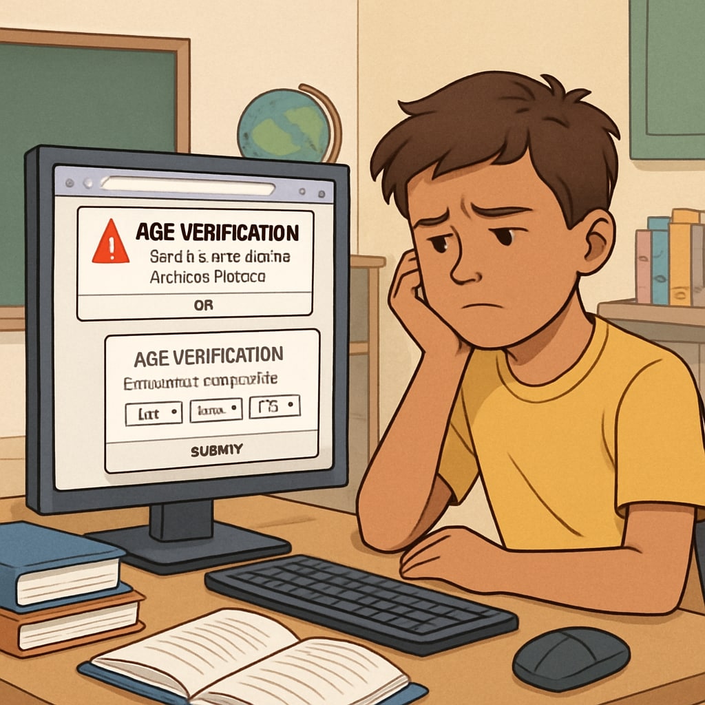 A student struggling to access educational websites due to age verification pop-ups. This highlights the challenges posed by strict online content laws for K12 students. Student facing challenges with age verification on an educational website