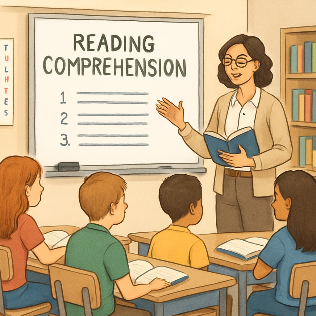 A teacher guiding students through an English reading comprehension exercise. Teacher explaining Functional English reading strategies to students.