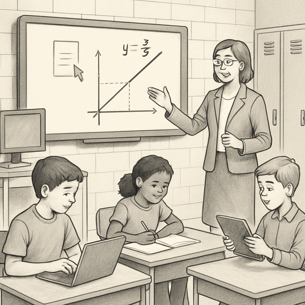 A teacher guiding students in a classroom equipped with digital tools to demonstrate the importance of alternative learning strategies in restrictive environments. Teacher assisting students with digital learning tools in a classroom