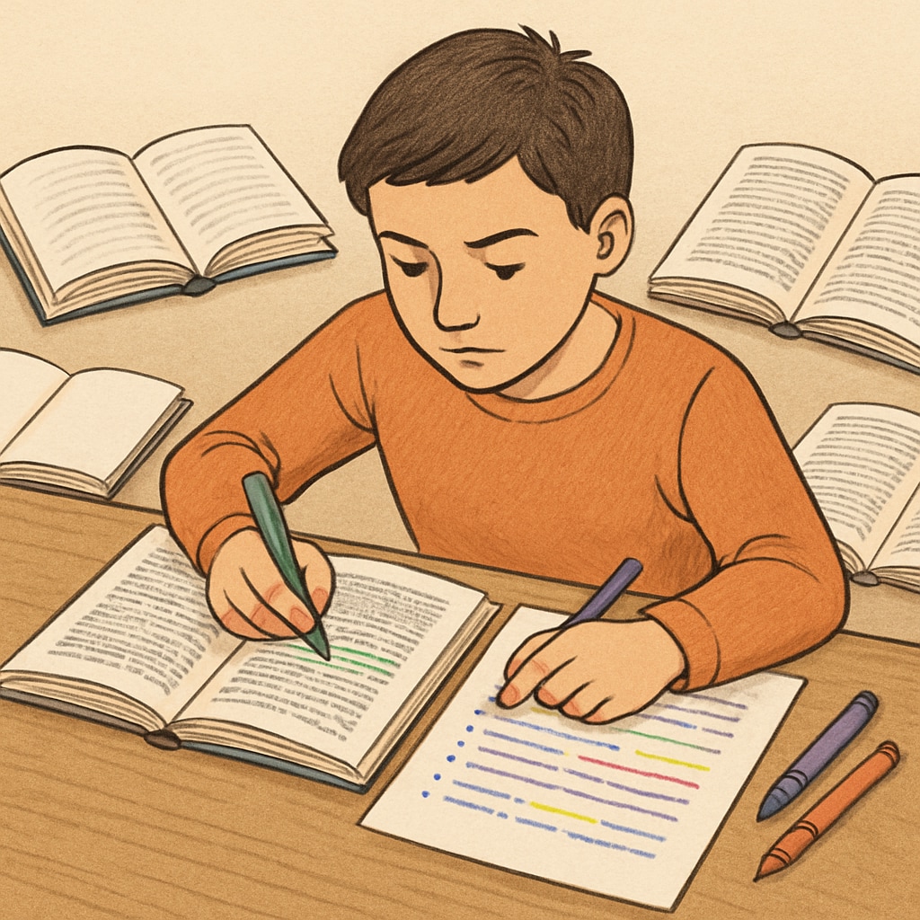 A student analyzing an English text with markers and notes. Student focused on identifying text purpose in Functional English material.