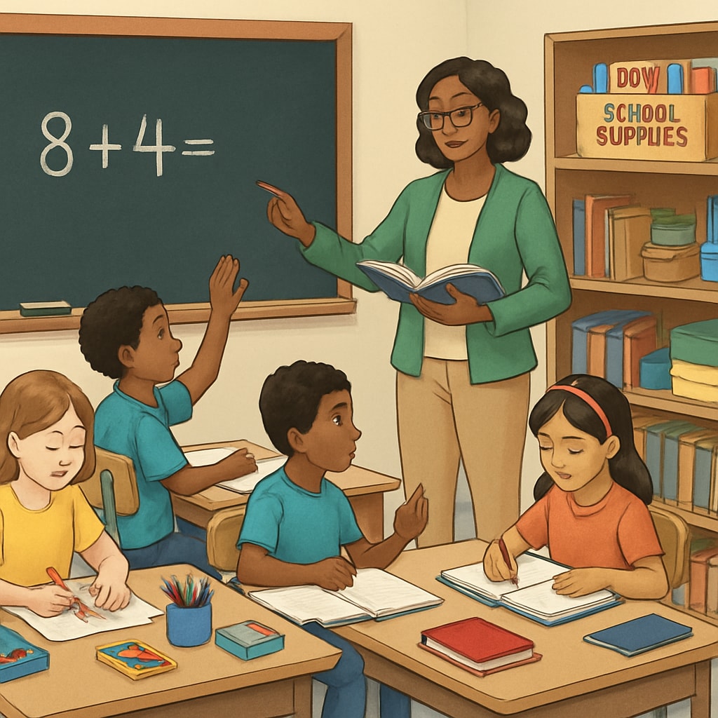 A teacher and students using donated classroom resources like notebooks and art materials.