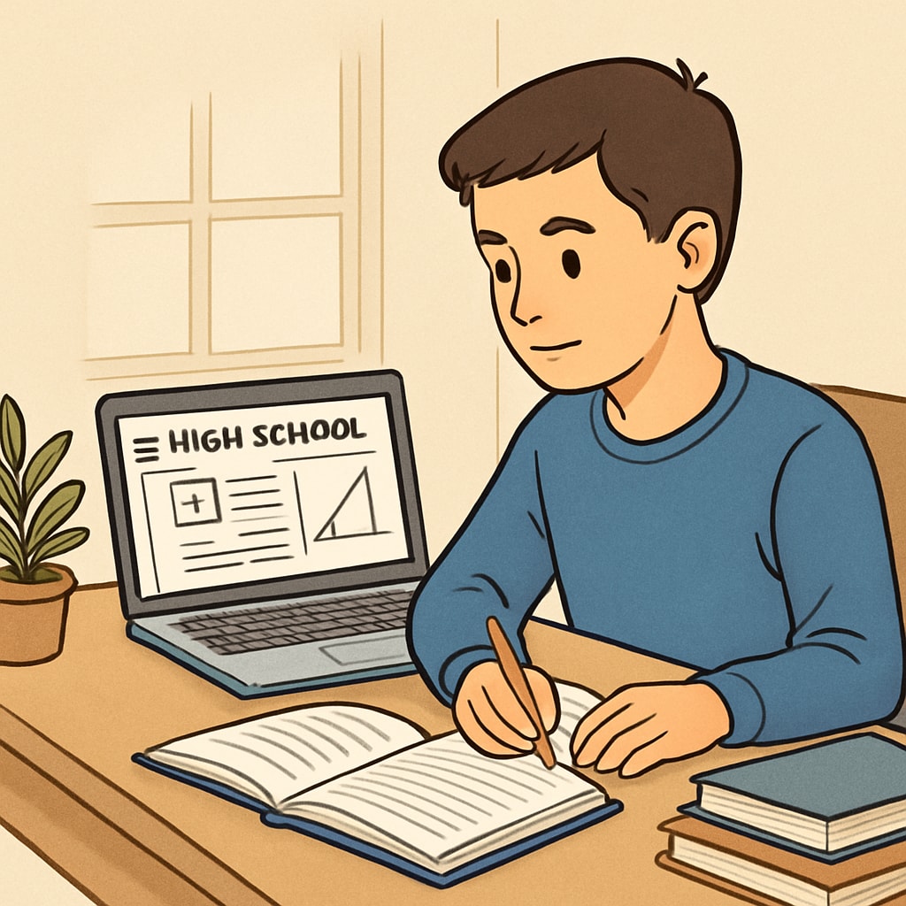 A student studying on a laptop with online high school coursework displayed, emphasizing the flexibility of learning from home. Student engaging with online high school coursework, showcasing flexible study options.