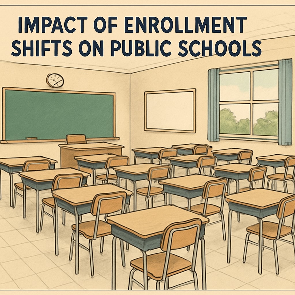 A classroom with empty desks, symbolizing the impact of enrollment shifts on public schools. Empty classroom desks representing enrollment challenges due to voucher programs.