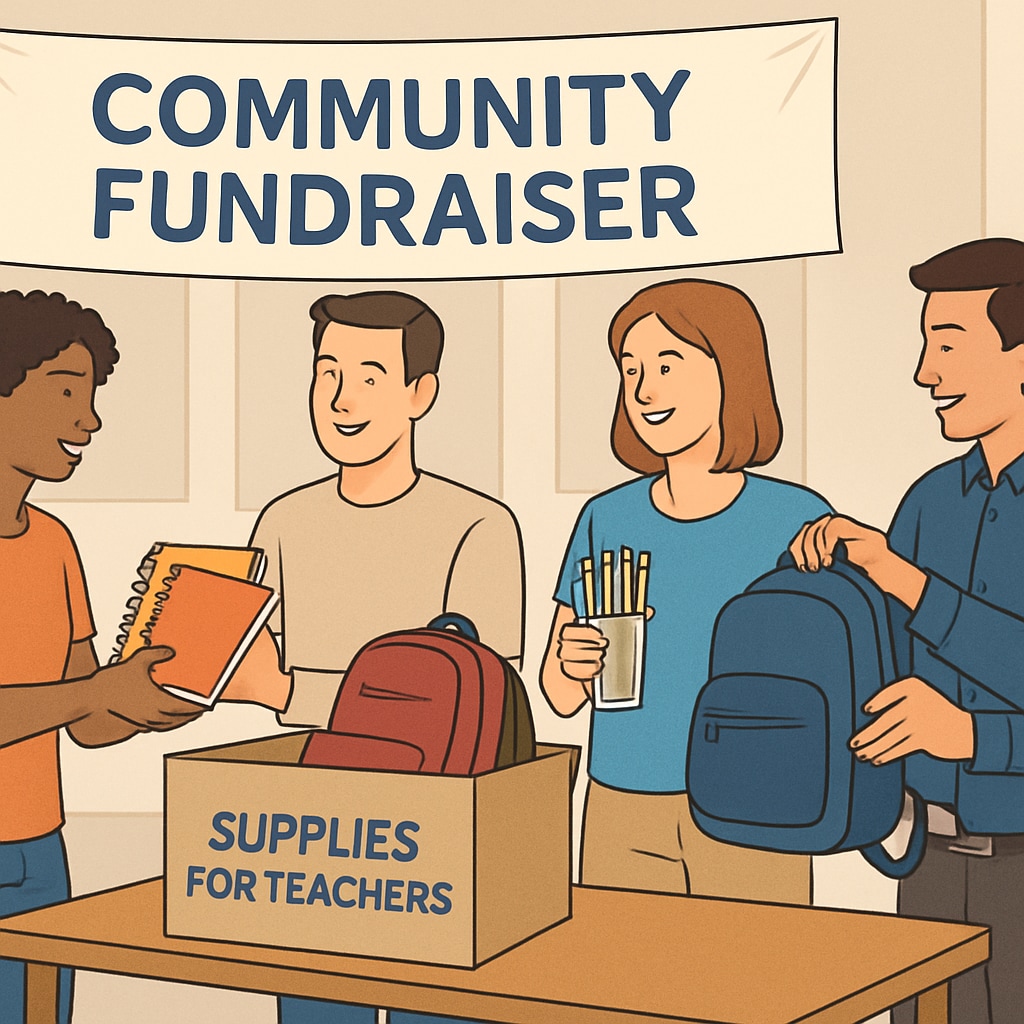Community members at a fundraiser donating school supplies for K-12 classrooms.