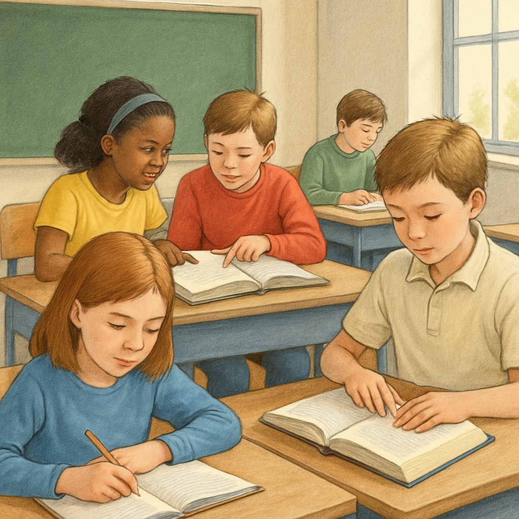 A classroom scene showing students engaged with books and notebooks, with no visible phones. Classroom environment promoting focus without phone distractions.
