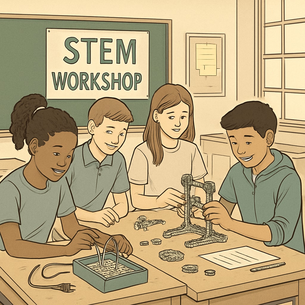 Students participating in a STEM workshop at a public school, highlighting innovation in curriculum design. Public school students in a STEM workshop, showcasing curriculum innovation.