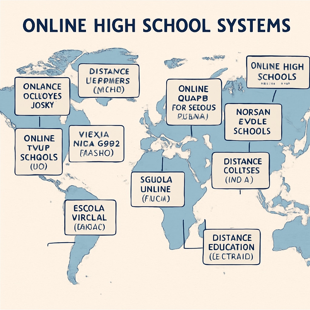 A world map highlighting different online high school systems, illustrating the diversity of educational approaches globally. A map highlighting global online high school systems and their differences.